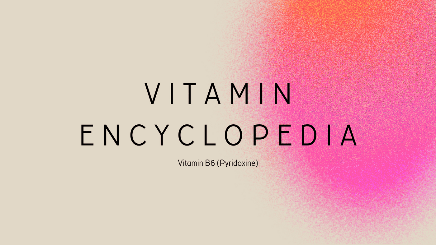 Vitamin Encyclopedia cover featuring Vitamin B6 (Pyridoxine) title, with a gradient background blending pink, orange, and beige.