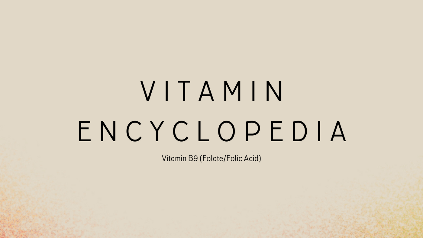 Vitamin Encyclopedia cover featuring Vitamin B9 (Folate/Folic Acid) title, with a gradient background blending light orange and beige.