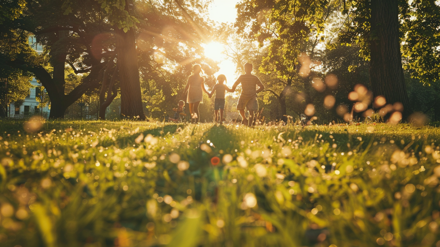 A family of four walks hand in hand in a sunlit park, surrounded by trees and grass, with a warm, golden glow filtering through.