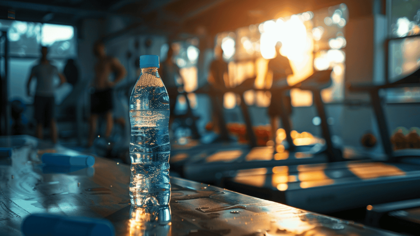 A water bottle sits on a gym table in the foreground, with blurred people working out on treadmills in the background during sunset.