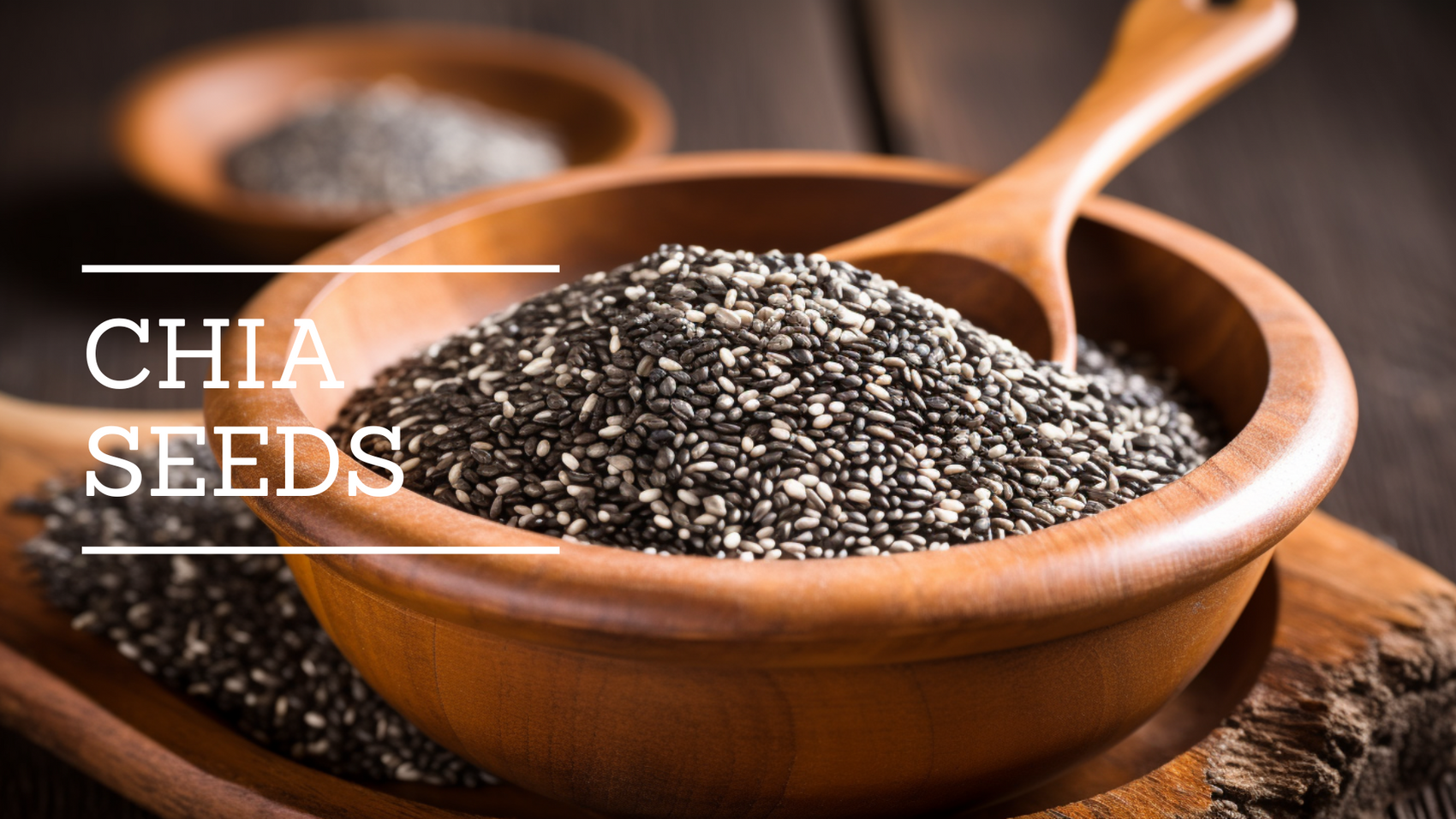 Close-up of a wooden bowl filled with black and white chia seeds, with a wooden spoon inside. The background is blurred, creating a warm, rustic atmosphere.