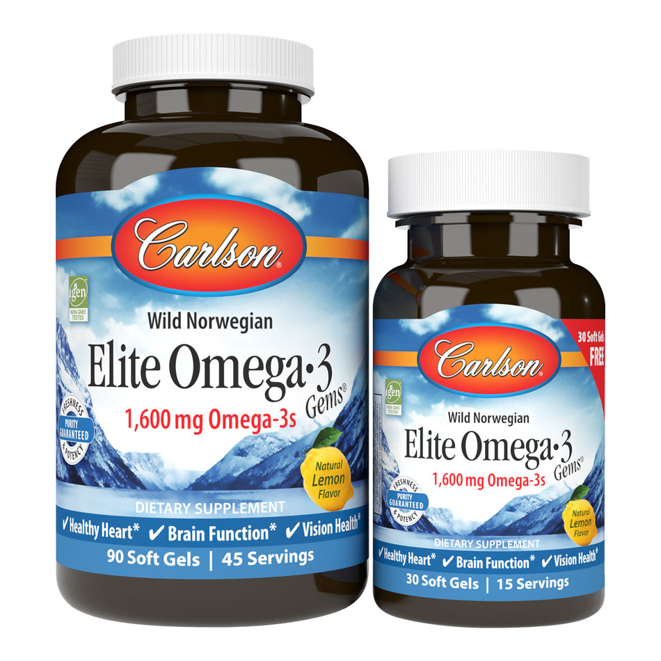 Carlson Elite Wild Norwegian, Elite Omega-3 Gems, Natural Lemon, 1,600 mg, 120 Soft Gels (90 +30) (800 mg per Soft Gel)